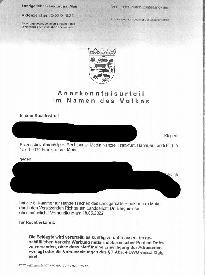 Die Media Kanzlei konnte ihre Mandantschaft erneut in einem Fall von unerlaubter E-Mail-Werbung erfolgreich vertreten. Im vorliegenden Verfahren bestanden Unterlassungsansprüche nach § 8 Abs. 1 i.V.m. § 7 UWG, da es sich um, Mitbewerber im Sinne des § 2 Abs. 1 Nr.3 UWG handelte, welche die gleichen Leistungen anbieten wie unsere Mandantschaft. 