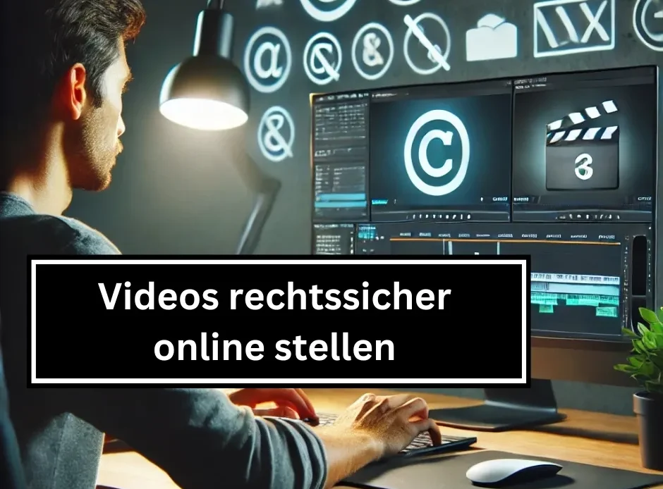 Ein Content Creator sitzt vor dem Computer und bearbeitet ein Video, während auf dem Bildschirm Symbole für Urheberrecht, Markenrecht und Werbung zu sehen sind.