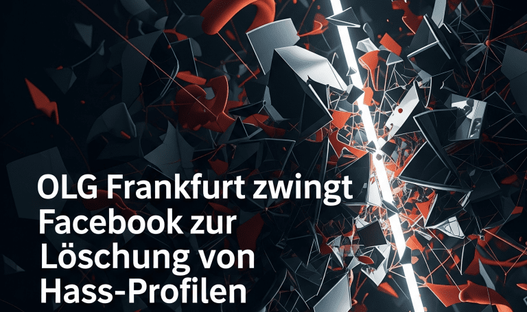 Bild mit Schrift "Olg Frankfurt zwingt Facebook zur Löschung von Hass-Profilen"